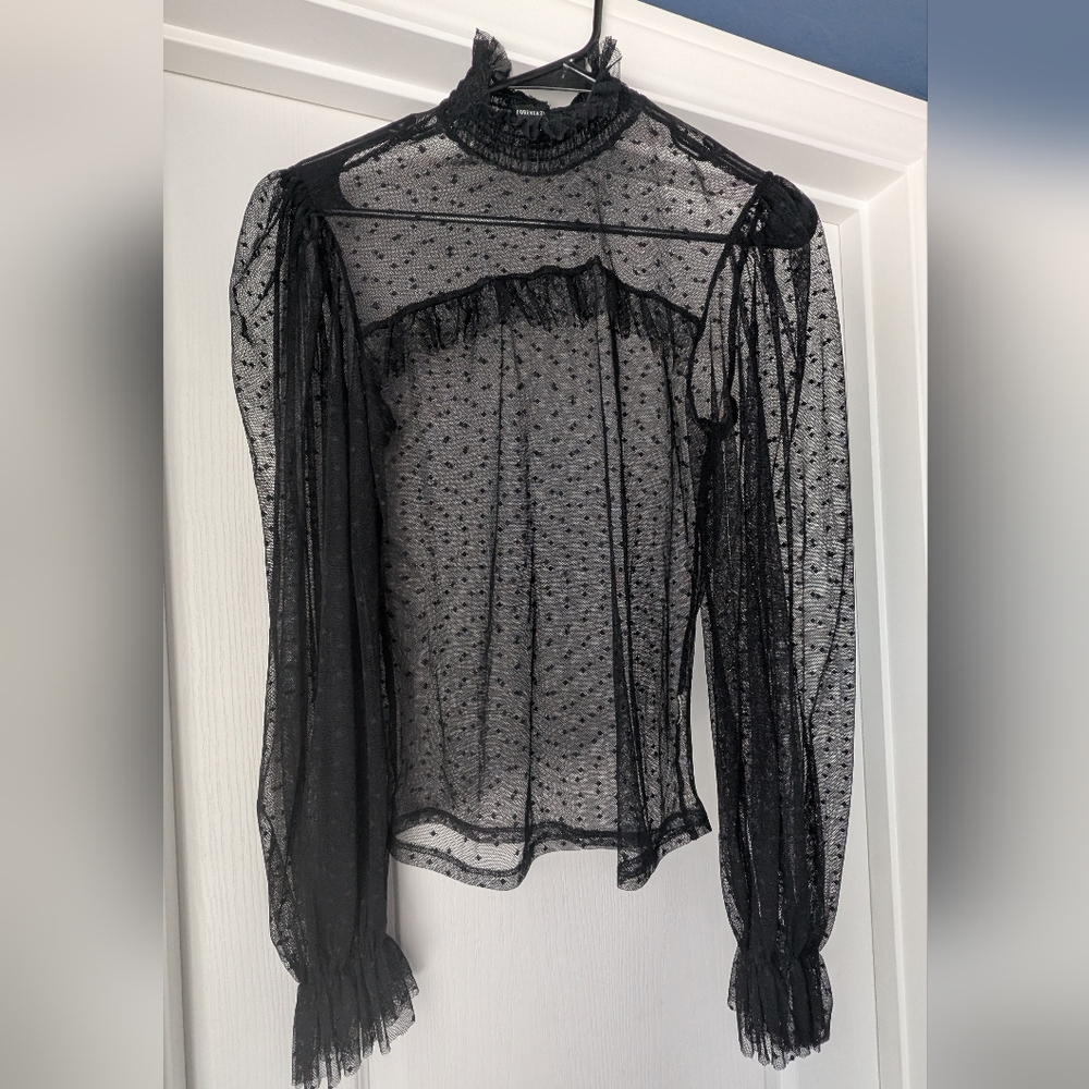 Forever 21 Black Sheer Ruffled Blouse Size  Medium